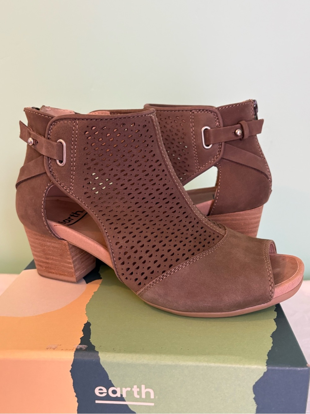 Earth Taupe Suede Perforated Peep-Toe Booties